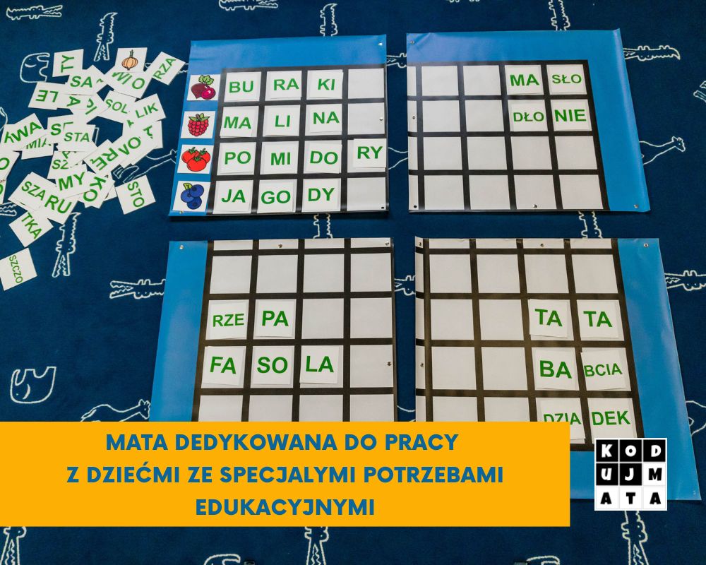 Czteroczęściowa mata do nauki kodowania dla dzieci ze specjalnymi potrzebami edukacyjnymi i elementy do zabawy: sylabizowanie - KodujMata